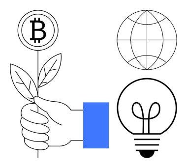 Üzerinde Bitcoin olan yapraklı bitki, dünya çizgisi ve parlak ampul. Sürdürülebilirlik, kripto para birimi, yenilik, çevre dostu teknoloji, finans, büyüme ve ilerleme için ideal