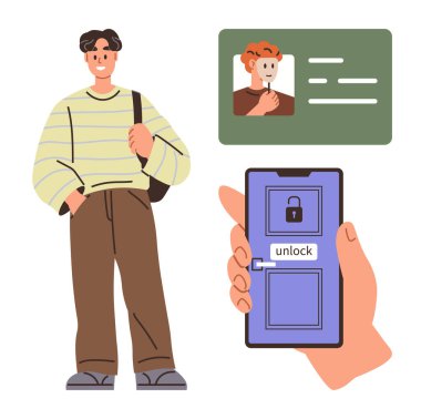 Sırt çantalı, dijital kimlik kartlı akıllı telefon kilidini açan kişi. Kimlik, teknoloji, eğitim, güvenlik, yenilik erişimi doğrulaması için ideal. Basit düz metafor