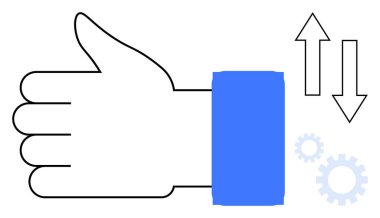 Geri bildirim, değerlendirme ve gelişmeyi simgeleyen yukarı ve aşağı ok ve vites başparmakları. İş, derecelendirme sistemleri, iş akışı, optimizasyon, strateji, takım çalışması için ideal basit düz