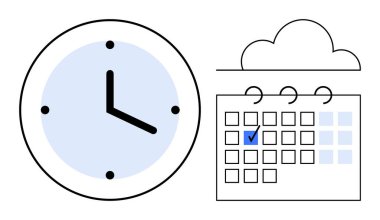 Çekle işaretlenmiş bir takvimin yanındaki saate bir bulut eşlik ediyor. Zamanlama, zaman planlama, verimlilik, atamalar, teslim tarihleri, hatırlatıcılar ve görev yönetimi için ideal. Düz basit metafor