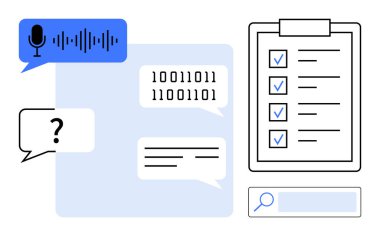Mikrofon ses girişi, ikili kod, sohbet baloncukları, kontrol listesi ve arama çubuğu. İletişim, yenilik, teknoloji, veri üretkenliği işbirliği ve basit iniş sayfası için ideal