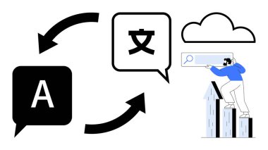 Konuşma baloncukları, metin, bisiklet okları, bulut ve arama büyüteci kullanan insan. Çeviri, dil bilimi, iletişim, teknoloji küreselleşme araştırma bulut hesaplaması için idealdir. Basit düz