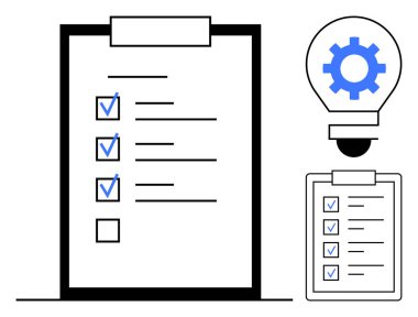 Mavi işaretli panodaki kontrol listesi, vites simgeli ampul. Üretkenlik, planlama, yenilik, strateji, organizasyon, proje yönetimi için ideal. Basit düz metafor