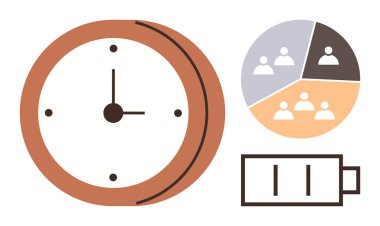 Saati, turta grafiğini, takım segmentlerini ve düşük pil simgesini gösteriyor. İş akışı, verimlilik, enerji yönetimi, zaman izleme, takım dinamikleri, kaynak tahsisi için ideal basit düz metafor