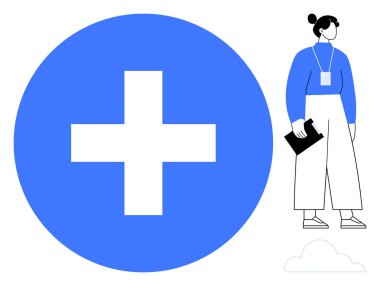 Mavi bir çemberin üzerinde büyük beyaz bir haçın yanında duran panosu olan kadın bir profesyonel. Sağlık hizmetleri, tıbbi hizmetler, mesleki roller, güvenlik, sağlık erişilebilirliği, organizasyon için ideal