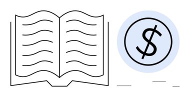 Soyut metin satırları ve içinde cesur dolar işareti olan mavi bir daire içeren açık bir kitap. Eğitim, finans, okur yazarlık, yatırım, tasarruf, bütçe, öğrenme maliyetleri için idealdir. Basit düz metafor