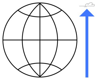 Yukari dogru giden mavi bir okun yaninda bir bulutu gösteren dolambaçlı kareli bir küre. İlerleme, küreselleşme, sürdürülebilirlik, yenilik, yön, büyüme ve hedefler için ideal