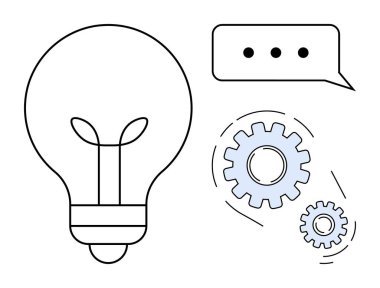 Ampul, hareket halindeki dişliler, elipsli konuşma balonu yenilik, beyin fırtınası ve iletişimi sembolize ediyor. Teknoloji, yaratıcılık, takım çalışması, strateji üretkenliği işbirliği için ideal