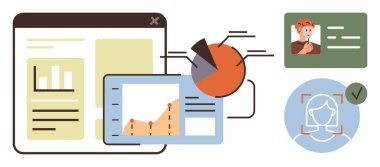 Grafikler, pasta grafikleri, kullanıcı veri dosyaları ve dijital arayüzde yüz tanıma. Teknoloji, analitik, kimlik güvenliği, kullanıcı arayüzü tasarımı, veri doğrulama işi için ideal