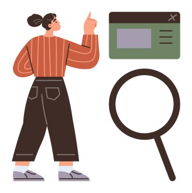 Tarzlı web sitesi arayüzünü gösteren kadın, büyük büyüteç. Web araması için ideal, analiz, teknoloji, kullanılabilirlik testi, araştırma, problem çözme, basit düz metafor