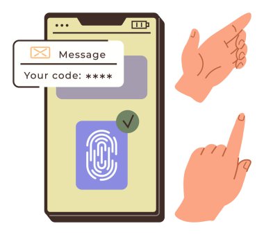 Parmak izi tarayıcısı ve mesaj kodu bildirimi gösteren akıllı telefon arayüzü. Kullanıcı jestleri dışa dönük. Güvenlik, erişim kontrolü, teknoloji, yenilik, gizlilik, kimlik için ideal