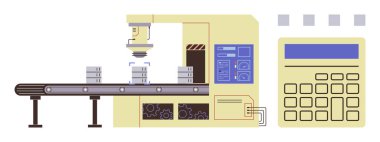 Dijital kontrol sisteminin yanında hareket halindeki taşıyıcı bant üzerinde robot kol birleştirme bileşenleri. Otomasyon, robot bilimi, imalat, yenilik, verimlilik, mühendislik, sanayi süreci için ideal