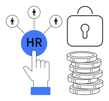 Bağlı insanlarla insan kaynakları düğümü seçiliyor, veri güvenliği için simge kilitleniyor ve bozuk para yığını oluşturuluyor. İdeal İK, veri gizliliği, finans, işe alım, çalışan ilişkileri, kurumsal strateji sektörü