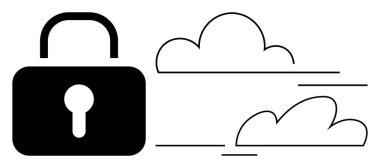 Kilit sembolü ve bulutlar veri korumasını, çevrimiçi güvenliği ve teknolojide mahremiyeti vurguluyor. Bulut bilgisayarı, siber güvenlik, yedekleme, yazılım güvenliği, yasal kısıtlamalar ve bilişim riski için ideal