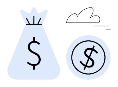 Dolar işaretli para çantası, yanında da bozuk para ve soluk bir bulut sembolü. Finans, yatırım, tasarruf, bankacılık, bütçe, ekonomi, ekonomik büyüme ve basit iniş sayfası için ideal