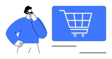 Dijital alışveriş arabası ekranına özenle bakan kişi tüketici seçimlerini, e-ticareti sembolize ediyor. Çevrimiçi alışveriş, karar verme, strateji, teknoloji, müşteri davranışı, dijital