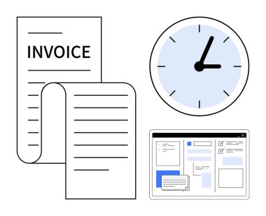 Fatura belgeleri, zaman yönetimini temsil eden saat ve iş yeri araçları için dijital arayüz. Faturalama, finans, üretkenlik, organizasyon, planlama, yönetim zaman izleme için ideal