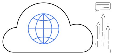 İçinde küre olan bulut şekli, konuşma balonu ve yukarı doğru ok veri transferini, dijital iletişimi, küresel teknolojiyi temsil ediyor. Bulut hesaplama, ağ oluşturma ve bağlantı için ideal
