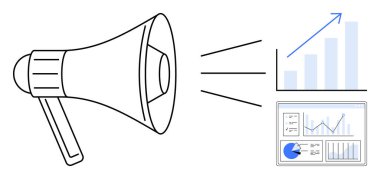 Bar çizelgesi ve veri paneline ses dalgaları yansıtan megafon, iş büyümesini ve iletişimi temsil ediyor. Pazarlama, analiz, takım çalışması, strateji, liderlik, çözümler için ideal