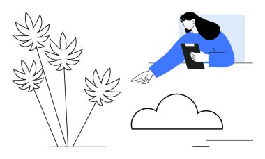 Mavi elbiseli kadın, modern palmiye bitkileri ve bulut çizgisi sanatının yanında panoya işaret ediyor. Takım çalışması, yön, doğa, organizasyon, rehberlik, modern estetik ve basit bir iniş sayfası için ideal.