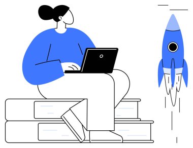 Dizüstü bilgisayarda çalışan bir kadın istiflenmiş kitapların üzerinde, roketin yükselmesiyle birlikte. Eğitim, yaratıcılık, yenilik, kariyer büyümesi, başlangıç gelişimi, teknoloji güçlendirme için idealdir. Basit düz