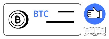Kripto para biriminin onayını, engelleme zincirini, ticareti, eğitimi, güveni, teknolojiyi, dijital yatırımları temsil eden destekleyici başparmaklı BTC logosu ve açık kitap simgesi. Fintech ve eğitim uygulamaları için ideal
