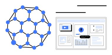 Dijital gösterge paneli, grafikler, uyarılar ve medya ekranlarıyla birlikte mavi düğüm ve çizgi yapısını birleştirdi. Teknoloji, veri analizi, yenilik, ağ oluşturma, bağlantı için ideal