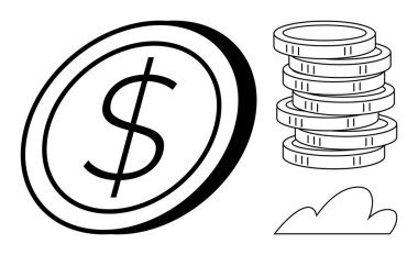 Büyük bir para, dikey bir bozuk para yığını ve bir bulut. Finans, ekonomi, tasarruflar, yatırımlar, bankacılık zenginliği dijital ekonomi için idealdir. Basit düz metafor