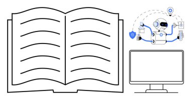 Açık kitap, yapay zeka robotu verilerle etkileşimde, ve bilgisayar monitörü bilgiyi, teknolojiyi, araştırmayı, otomasyonu, eğitimi, yaratıcılığı simgeliyor. Yapay zeka uygulamalarını öğrenmek için ideal
