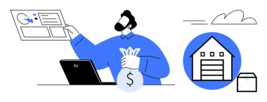 Dosyaları inceleyen, para çantasını tutan, masada dizüstü bilgisayarı olan, depoyu sembolize eden ev ikonu olan adam. İş analizi, e-ticaret, mali planlama, yatırım, lojistik işlemleri için ideal