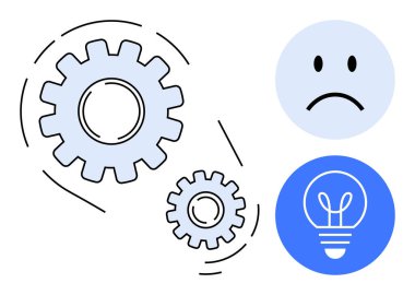 Hareket halindeki dişliler, sorunu gösteren üzgün yüz ve fikirleri ve çözümleri sembolize eden ampul. Yenilik, yaratıcılık, problem çözme, takım çalışması, yenilik stratejisi, iş stratejisi için ideal