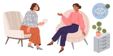 Konuşurken sandalyeye oturan iki kadın. Tartışma sırasında bir jest. Yakınlarda bir kontrol listesi, göz odaklı hedef ve saksı bitkisi var. Akıl hocalığı, terapi, diyalog, iletişim için ideal