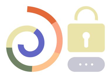 Asma kilit ve noktaların yanındaki renkli spiral veri katmanlarını, şifrelemeyi, siber güvenliği, gizliliği, korumayı, veri yönetimini, erişim kontrolünü sembolize ediyor. Teknoloji için ideal, güvenlik güveni soyut