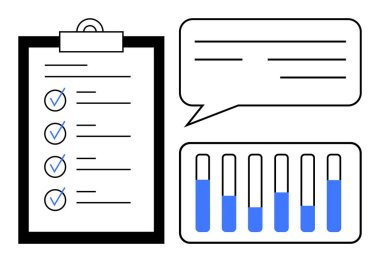 Kontrol listeli pano, metin satırlı konuşma balonu ve ölçülü bar tablosu. Proje yönetimi, üretkenlik, veri görselleştirme, analiz, raporlama, iletişim için ideal basit iniş