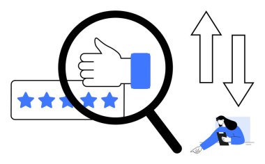 Büyüteç, baş parmaklar ve yıldız puanı üzerine odaklanıyor, yukarı ve aşağı eğik oklar, tabletli kişi. Geri bildirim, performans değerlendirmesi, değerlendirme, iş büyümesi, karar verme, kullanıcı için ideal