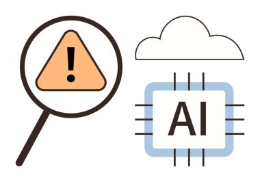 Yapay zeka çipi ve bulutun yanındaki büyüteç vurgulama uyarısı, güvenlik, risk, yenilik, analiz, izleme, veri güvenliği, teknolojik etkiyi vurguluyor. Basit düz metafor için ideal