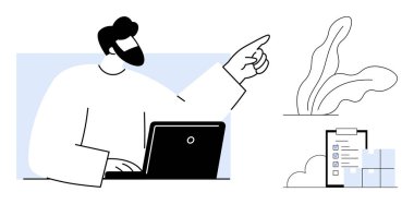 Dizüstü bilgisayarda yazan ve soyut bitki ve bulut içeren kontrol listesine işaret eden kişi. Üretkenlik, görev organizasyonu, proje yönetimi, takım çalışması, iş akışı optimizasyonu, strateji, basit düz