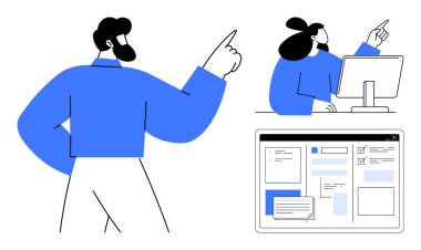 Profesyonel ekip fikir üretiyor, yaratıcı çözümlere işaret ediyor ve bilgisayar arayüzü kullanıyor. Takım çalışması, yenilik, iletişim, üretkenlik, planlama, yaratıcılık için ideal