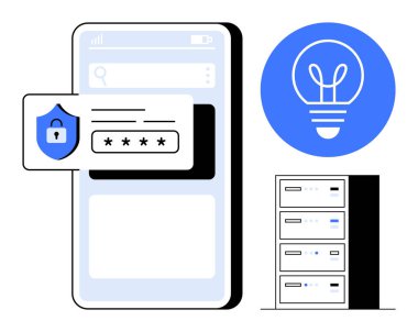 Giriş ekranı ve parola simgesi olan akıllı telefon, fikirleri sembolize eden mavi ampul, sunucu yığını. Teknoloji, veri güvenliği, yenilik, mobil uygulamalar, bilişim yönetimi, bulut depolaması için ideal basit