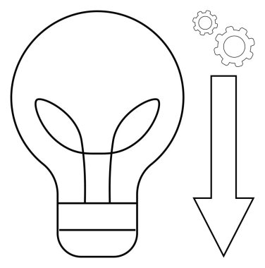 Ampul, iki vites, ve aşağı doğru ok yeniliği, problem çözmeyi, enerji verimliliğini, maliyet düşüşünü sembolize ediyor. Sürdürülebilirlik için ideal, iş stratejisi, verimli süreçler yaratıcı fikirler