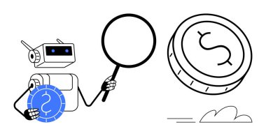 Robot, dijital para birimi eğilimlerine odaklanarak büyüteç ve madeni parayı elinde tutuyor. Otomasyon, yenilik, finans teknolojisi, kripto para birimi, engelleme zinciri, yapay zeka anlayışı, gelecek kavramları için ideal