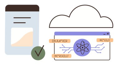 Veri görselleştirme ekranı, bulut hesaplama, bilimsel algoritmalar ve doğrulama işaretleri. Teknoloji, bilim, veri analizi, programlama ve makine öğrenimi için ideal basit bulut hizmetleri