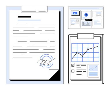 İmzalı belge, panoda veri tabloları ve analitikleri vurgulayan dijital rapor. İş yönetimi, sözleşmeler, analitik, dijital araçlar, üretkenlik ve finans için ideal