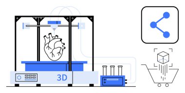 3D yazıcı, bağlantı ikonu, bulut verisi, küp taraması ve alışveriş arabası eşliğinde insan kalbi modeli üretiyor. Teknoloji, sağlık, yenilik ve biyoteknoloji üretimi için ideal