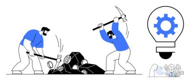 İnsanlar kazmalarla taş kırıyor, sıkı çalışmayı, çabayı ve kaynak çıkarmayı simgeliyor. Yakınlarda, vites dolu bir ampul yenilik ve dönüşümü simgeler. Takım çalışması ve yaratıcılık için ideal.