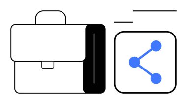 Mavi ağ düğümünün yanında siyah-beyaz bir evrak çantası ve birbirine bağlı çizgiler. İş araçları, ağ oluşturma, işbirliği, kariyer büyümesi, profesyonellik, girişimcilik için ideal, basit