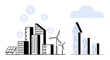 Güneş panelleri, rüzgar türbinleri ve dijital bağlantı simgeleriyle modern şehir silueti. Yükselen çubuk grafikleri gelişimi ve yeniliği sembolize eder. Teknoloji, sürdürülebilirlik ve yenilenebilir enerji için ideal