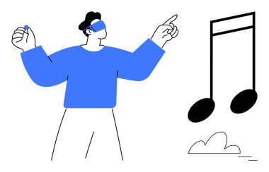 VR kulaklık takan adam dev bir müzik notasını işaret ediyor. İlgi çekici deneyimler, teknoloji, eğlence. Yenilik, yaratıcılık, oyun, müzik, dijital dönüşüm için ideal