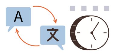 Oklarla birbirine bağlı dil sembolleri olan iki konuşma kabarcığı çeviriyi vurguluyor. Saat verimliliği ve zamanı sembolize eder. İletişim, yerelleştirme, takım çalışması, dil eğitimi için ideal