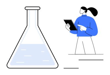 Elinde tablet olan kadın bir bilim adamı dolu bir deney şişesinin yanında verileri inceliyor. Araştırma, yenilik, bilim, teknoloji, eğitim, STEM ve basit iniş sayfası için ideal